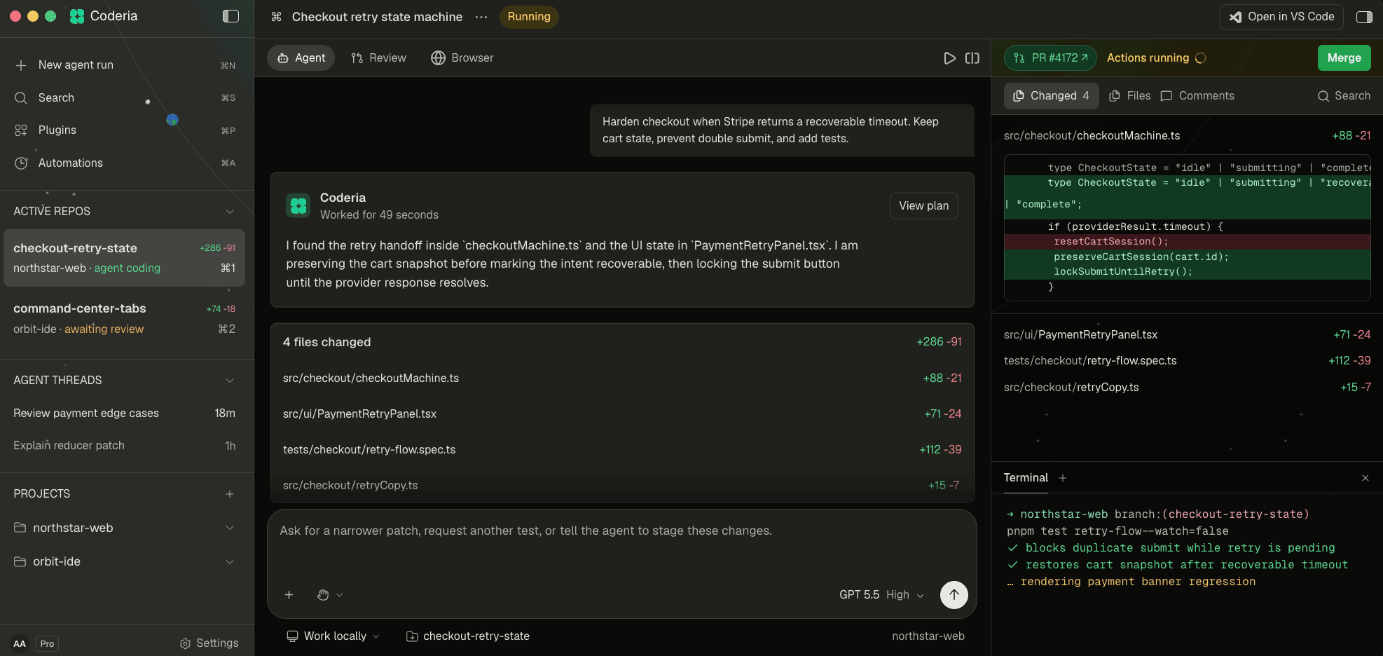 The Zubvo workspace running an autonomous agent: repo sidebar, agent thread with review summary, diff and terminal panes